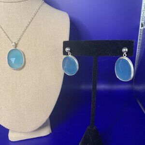 Aqua Chalcedony pendant and earring set. 26.85 total carats set in silver.